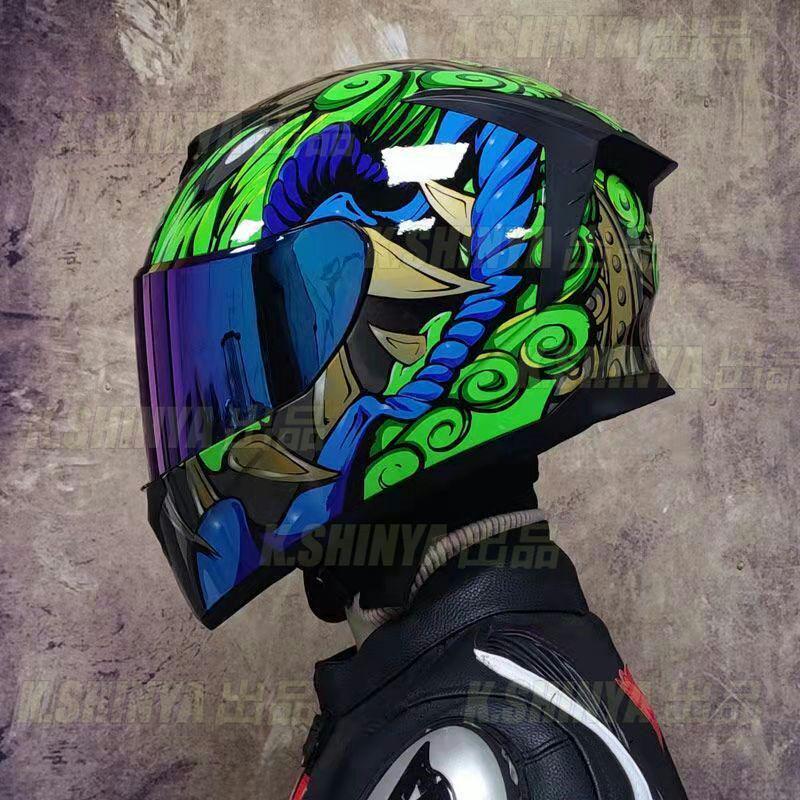 男女兼用バイクヘルメット　フルフェイスダブルシールド付き 緑の翼