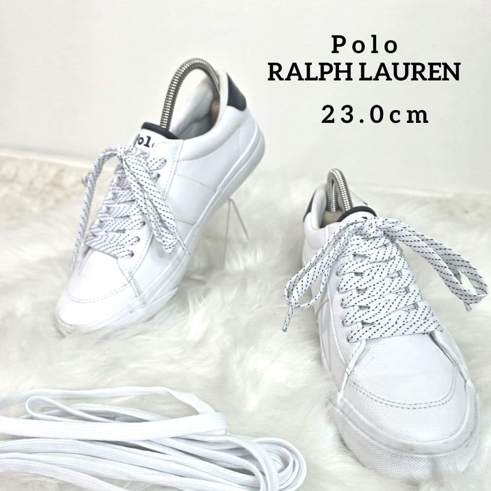 ポロ ラルフローレン ホワイト レザー レースアップ スニーカー ブルー 2323cm POLO RALPH LAUREN