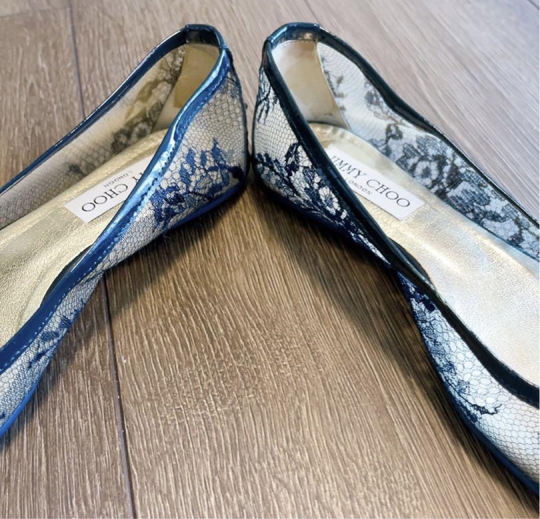 Jimmy Choo ジミーチュウ フラットパンプス GALA ORE レディース レース リボン ポインテッドトゥ バレエシューズ 靴 NAVY