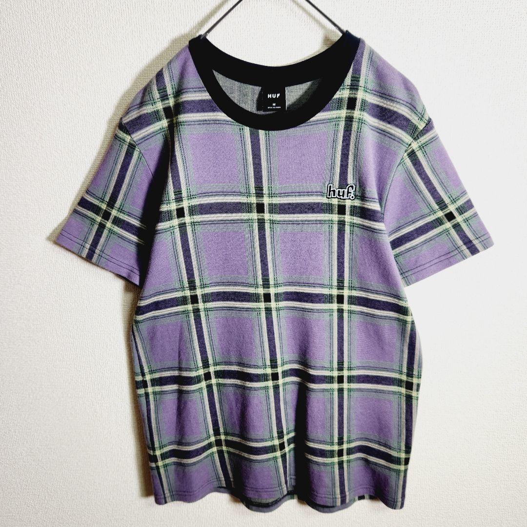 希少カラー HUF リンガーネック チェック Tシャツ 刺繍 ロゴ トップ