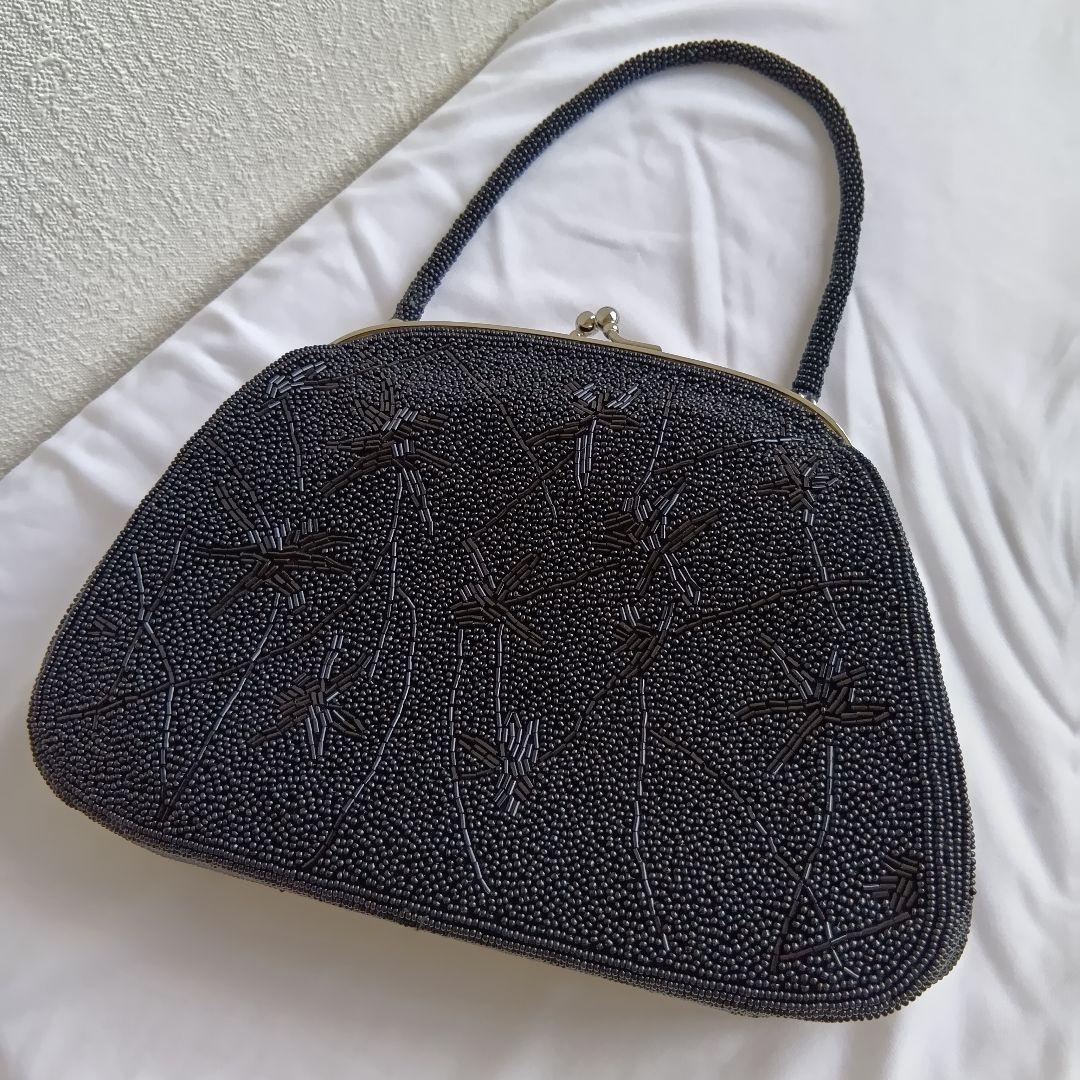 ☆美品☆ 総ビーズ刺繍 がま口金具 フリンジ ハンドバッグ 和装