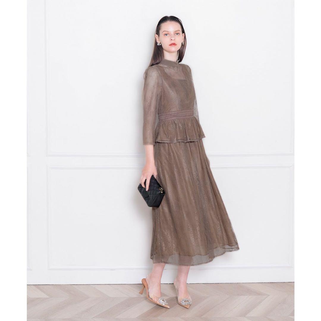 Leja レジャ ビスチェ風レース花柄透けフレア美脚効果ロングワンピースドレス