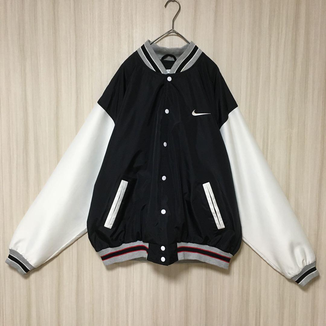 贅沢 90s NIKE 銀タグ XL 白 黒 刺繍ロゴ スタジャン ボタンフライ ジャケット・アウター