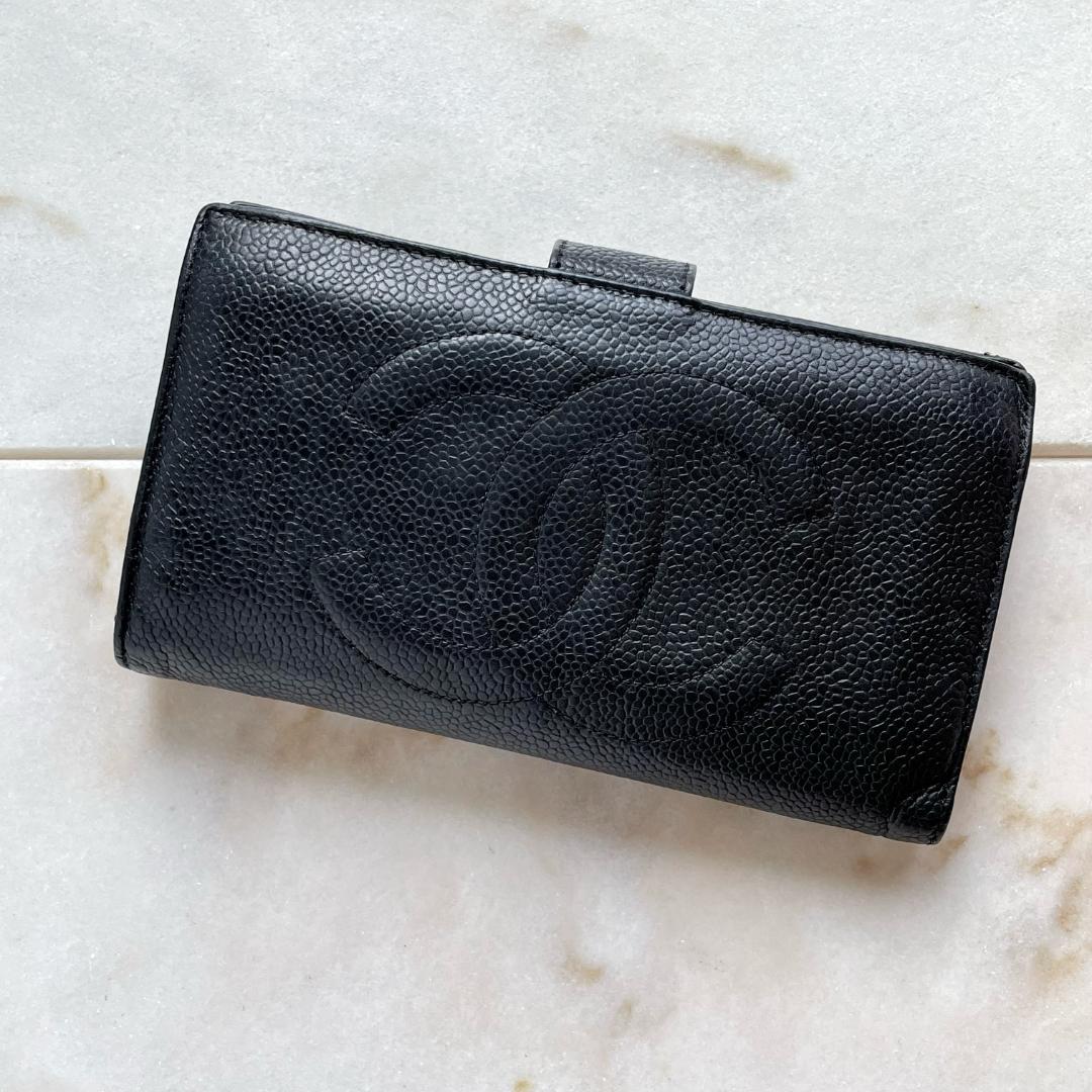 CHANEL シャネル キャビアスキン デカココ がまぐち レザー長財布 黒 CHANEL シャネル キャビアスキン レザー がま口 長財布 デカココ 黒