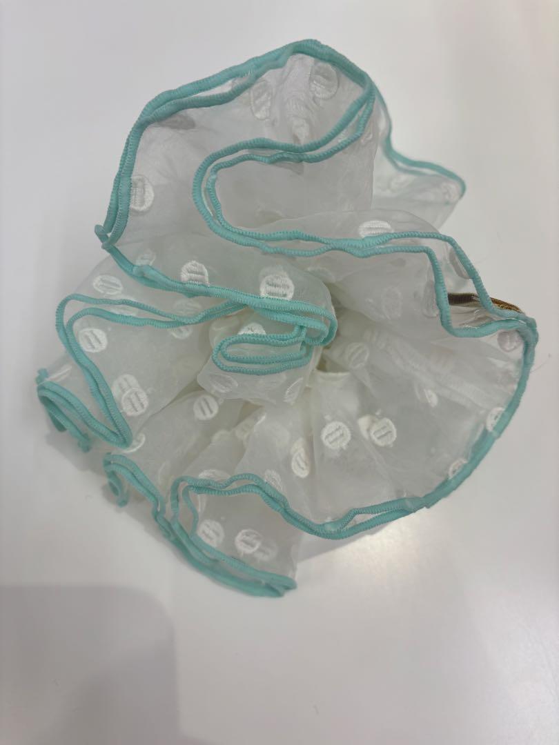 美品　フェフェ　fafa ドット柄 シフォンシュシュ ミントグリーンヘアアクセサリー