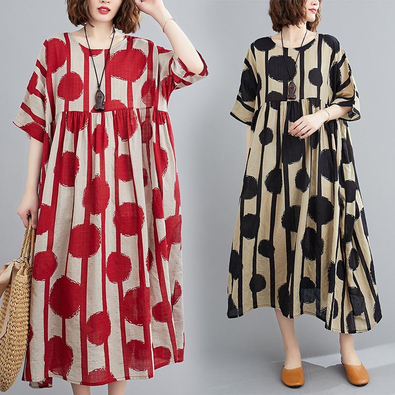 ロングワンピース ドット ストライプ 総柄 Aライン ワイド
