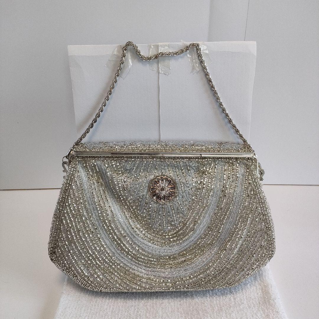 「美品」シルバー ビーズバッグ パーティーバッグ 鏡付き ①