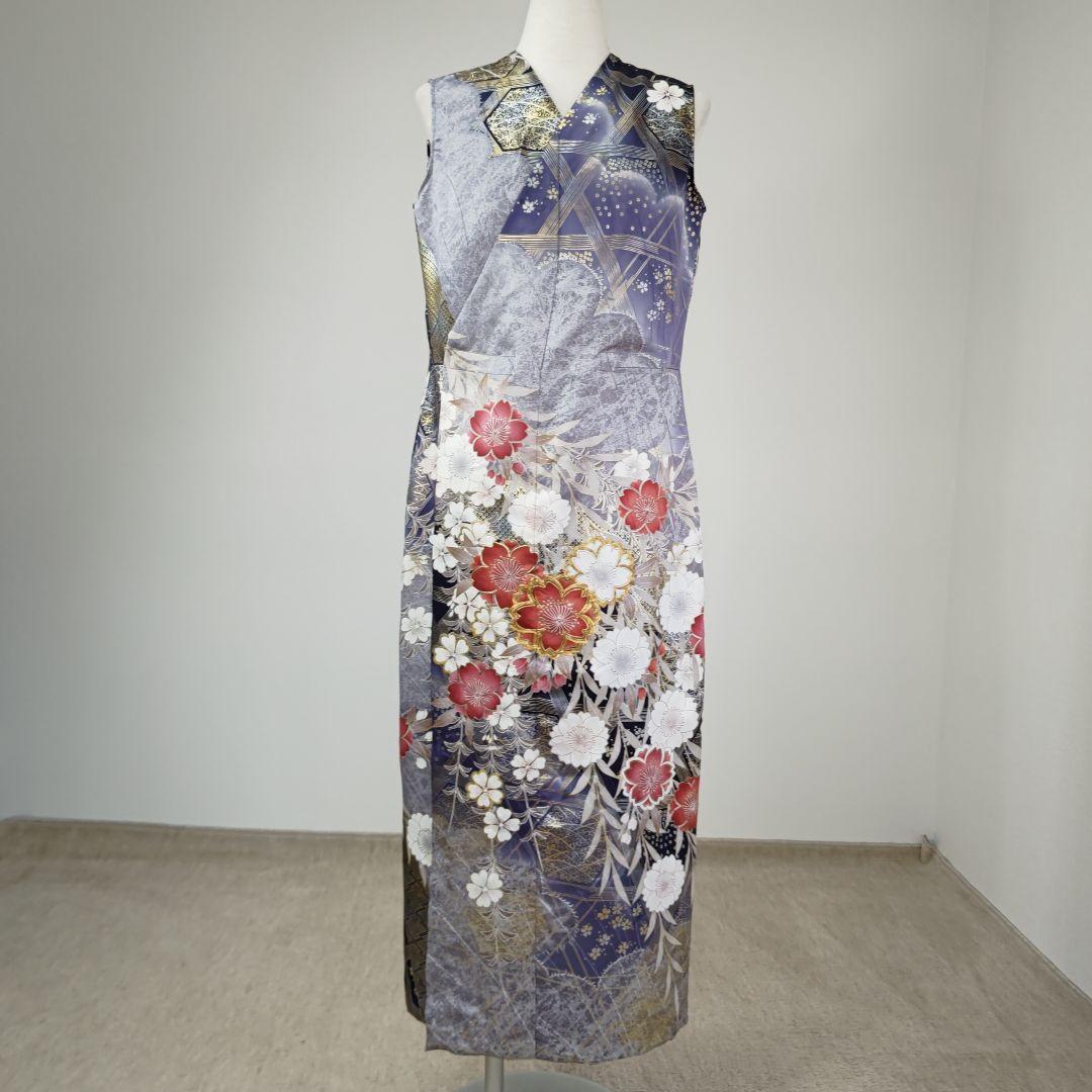 zunezune 振袖 巻きドレス ノースリーブ 着物リメイク 紺ぼかし zunezune 振袖 巻きドレス ノースリーブ 着物リメイク 紺ぼかし