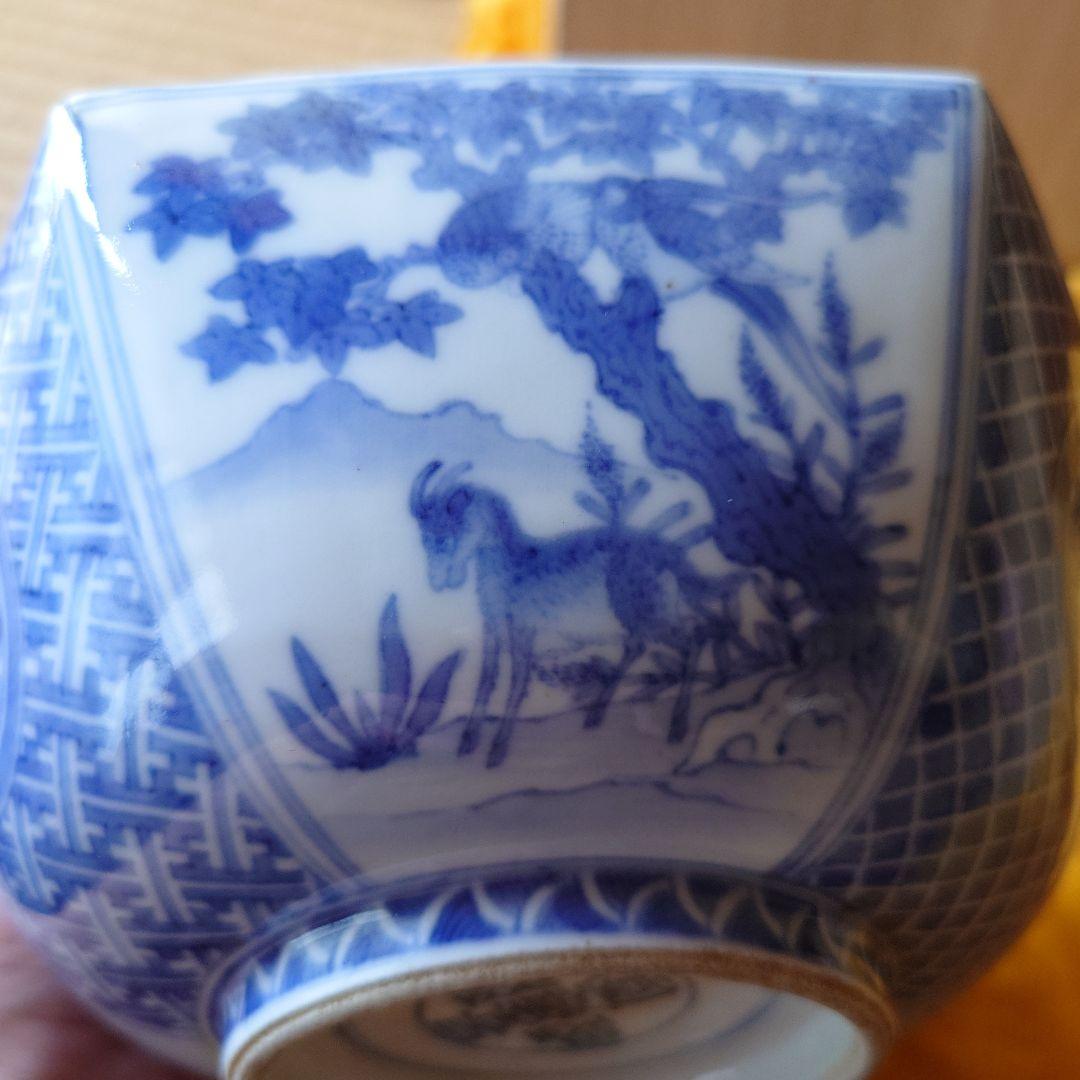 中国　南京焼　景徳窯　染付六角鉢　箱つき