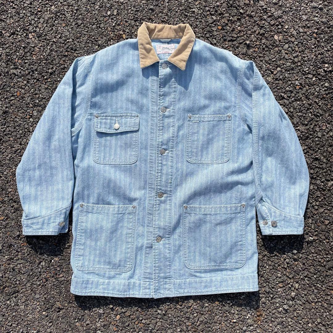 80s 白タグポロラルフローレン ヒッコリーカバーオール ピンピンS POLO RALPH LAUREN