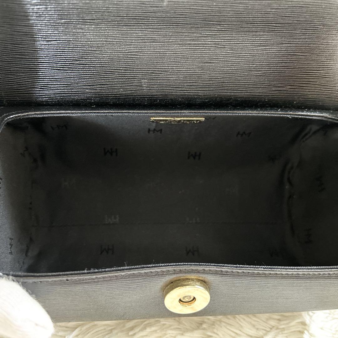 ハナエモリ フォーマルハンドバッグ ブラック サークルロゴ ゴールド金具 筒型 極美品】HANAE MORI ハナエモリ フォーマルハンドバッグ 筒形