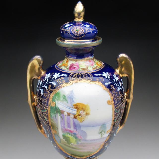 オールドノリタケ コバルト金盛り風景絵 飾り壺 29cm
