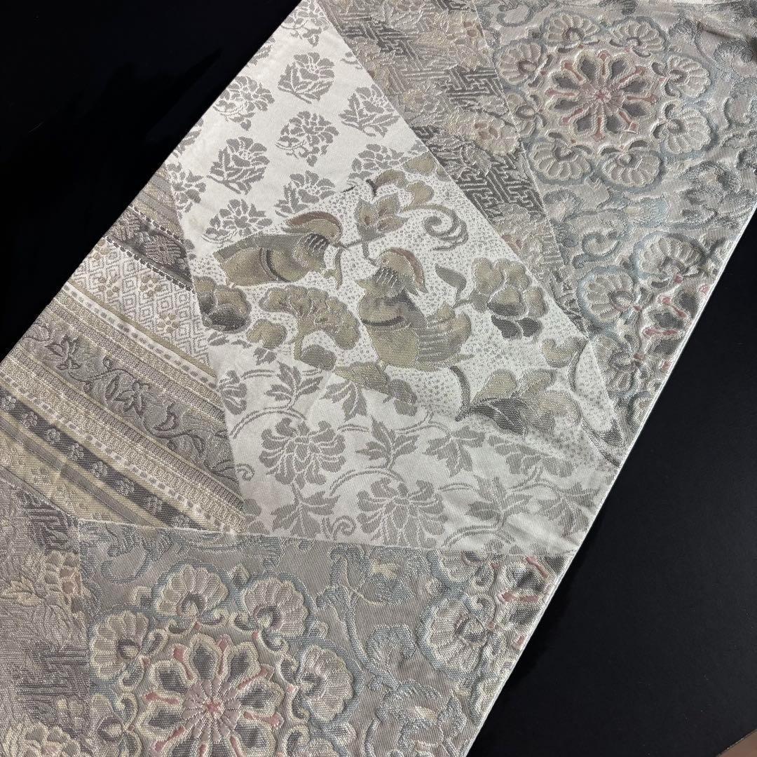 ZY-585 袋帯 華紋 向かい鳥 花唐草 銀糸 六通 正絹 逸品