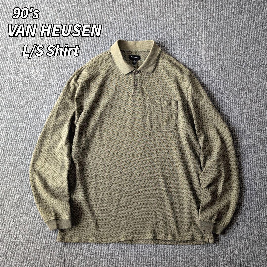 90s VANHEUSEN 長袖 シャツ ポロシャツ ヘンリーネック 古着 L