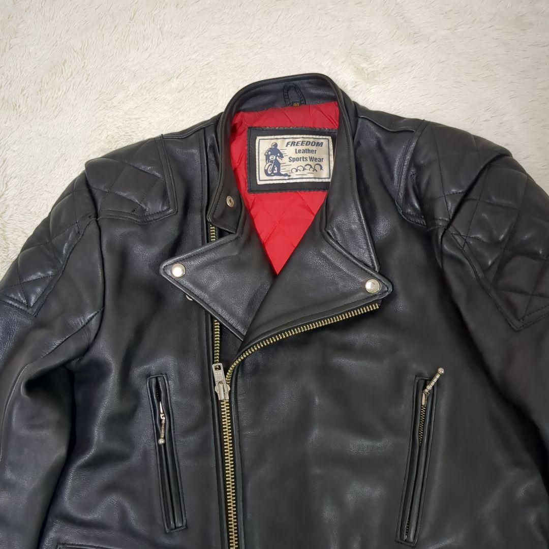 美品　フリーダム　ダブルライダース2XL 　黒　裏地赤キルティング　牛革