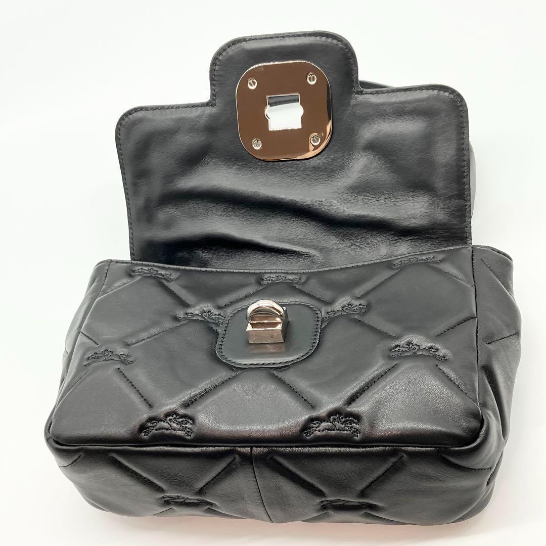 LONGCHAMP キルティング レザー ハンドバッグ 黒 アニマル
