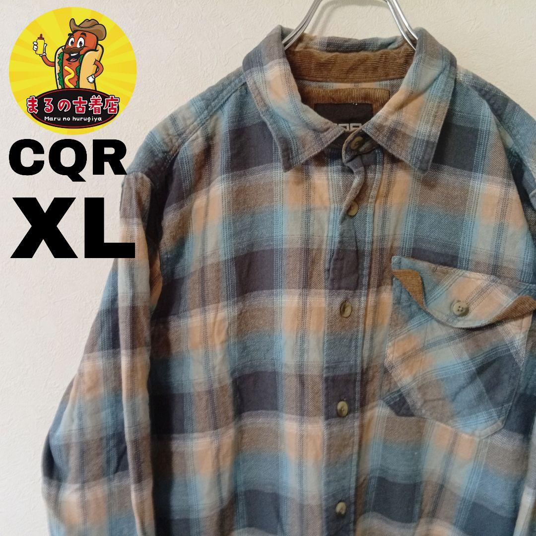 USA古着 CQR　ネルシャツXL　ライトブルー黄土色オンブレチェック
