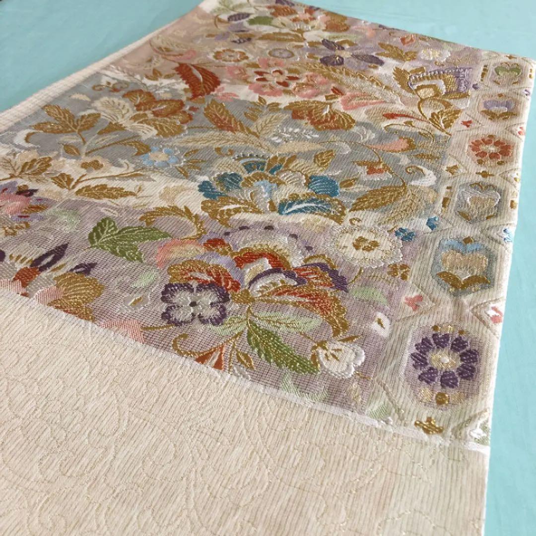 西陣織高級袋帯未仕立品 大光(株)薄ベージュ地更紗文様六通 正絹 綿