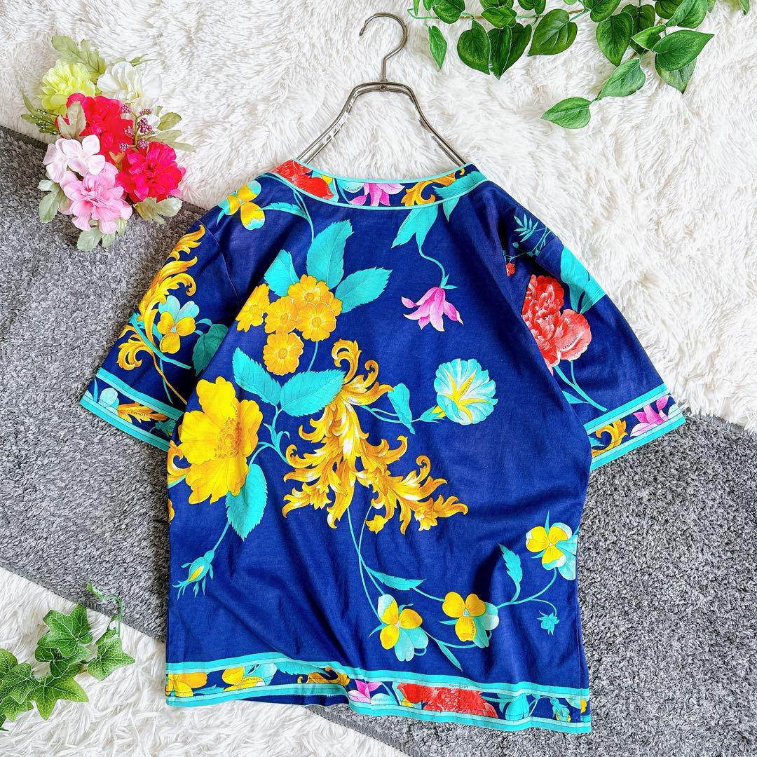 レオナール  半袖　ブラウス　tシャツ　フラワー柄　ネイビー　大きいサイズ　L
