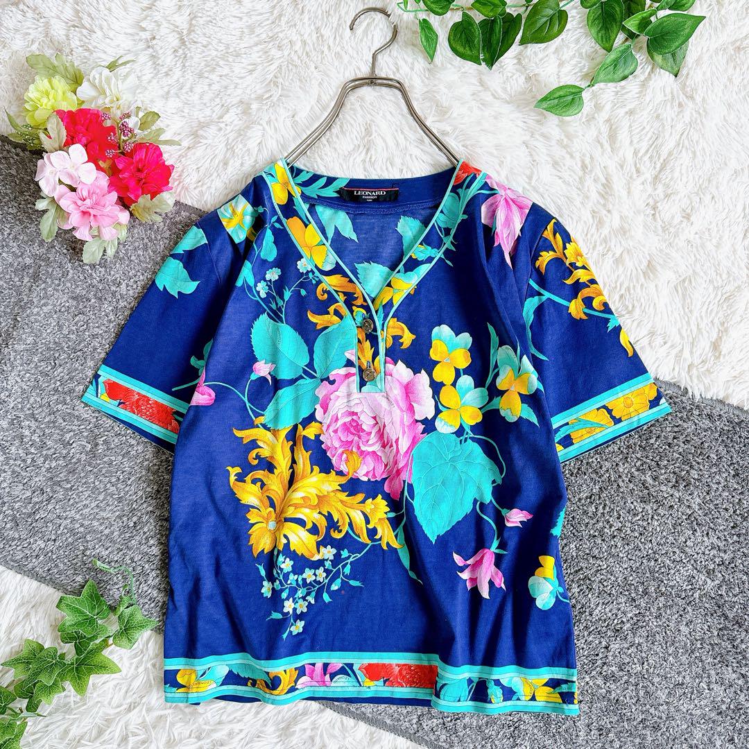 レオナール  半袖　ブラウス　tシャツ　フラワー柄　ネイビー　大きいサイズ　L