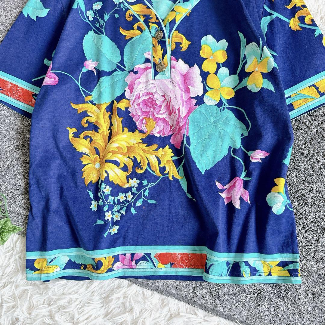 レオナール  半袖　ブラウス　tシャツ　フラワー柄　ネイビー　大きいサイズ　L