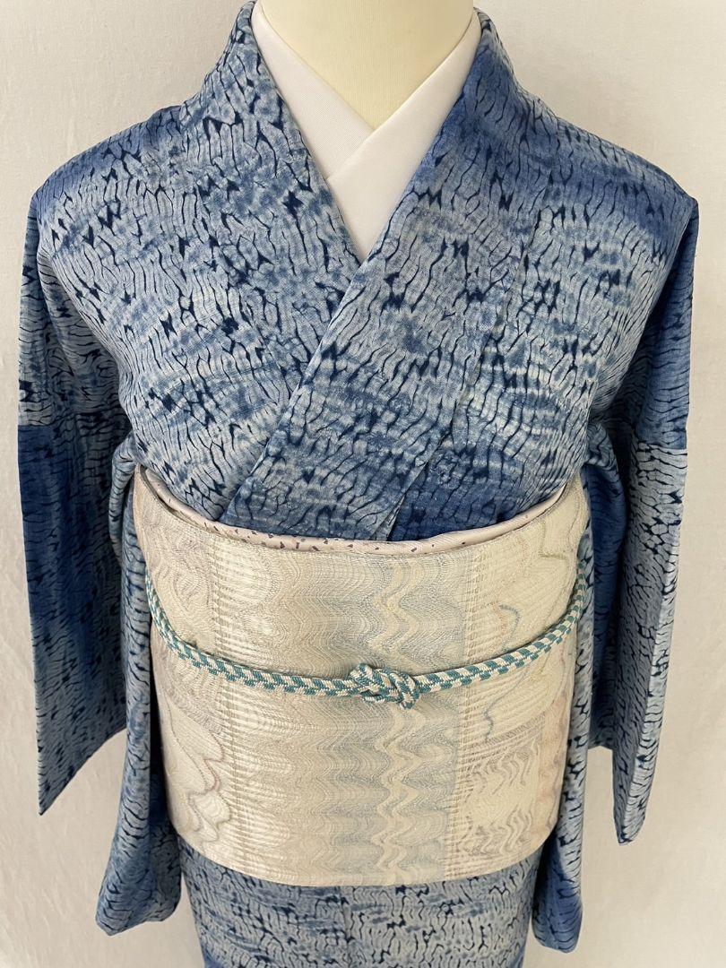 お見分け品　美品　正絹単衣　本藍杢目絞り単品