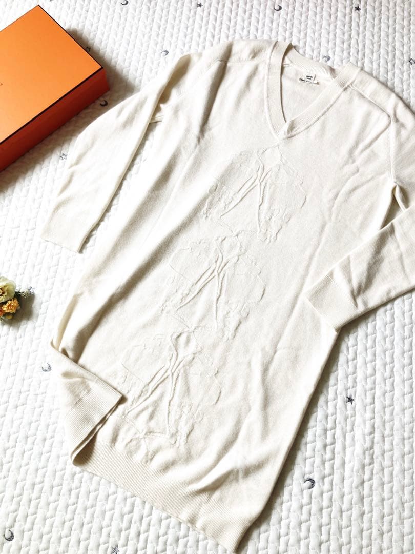 HERMÈS エルメス ニットワンピース ホワイト Vネック