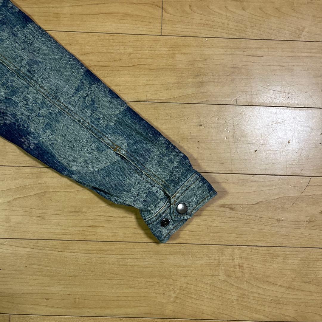 デニムブルー 花柄 波模様 オーバーオール デニムブルー 花柄 波模様 オーバーオール