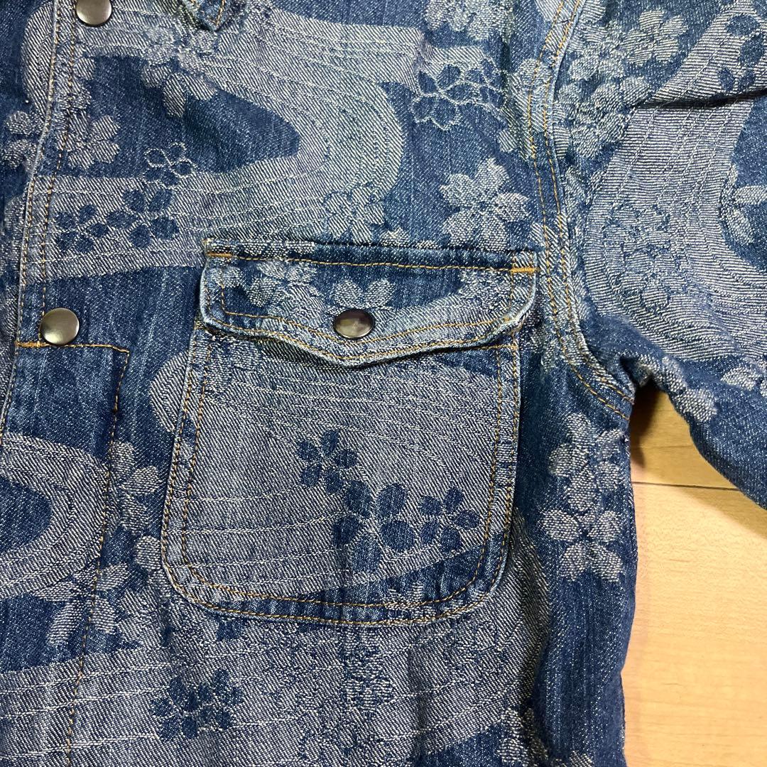 デニムブルー 花柄 波模様 オーバーオール デニムブルー 花柄 波模様 オーバーオール