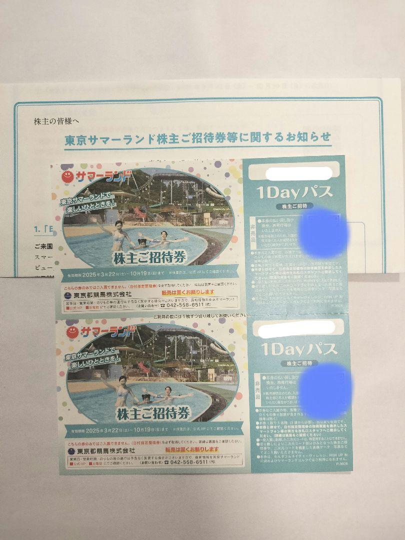 【新品】 東京サマーランド 株主ご招待券 1dayパス ２枚 株主優待