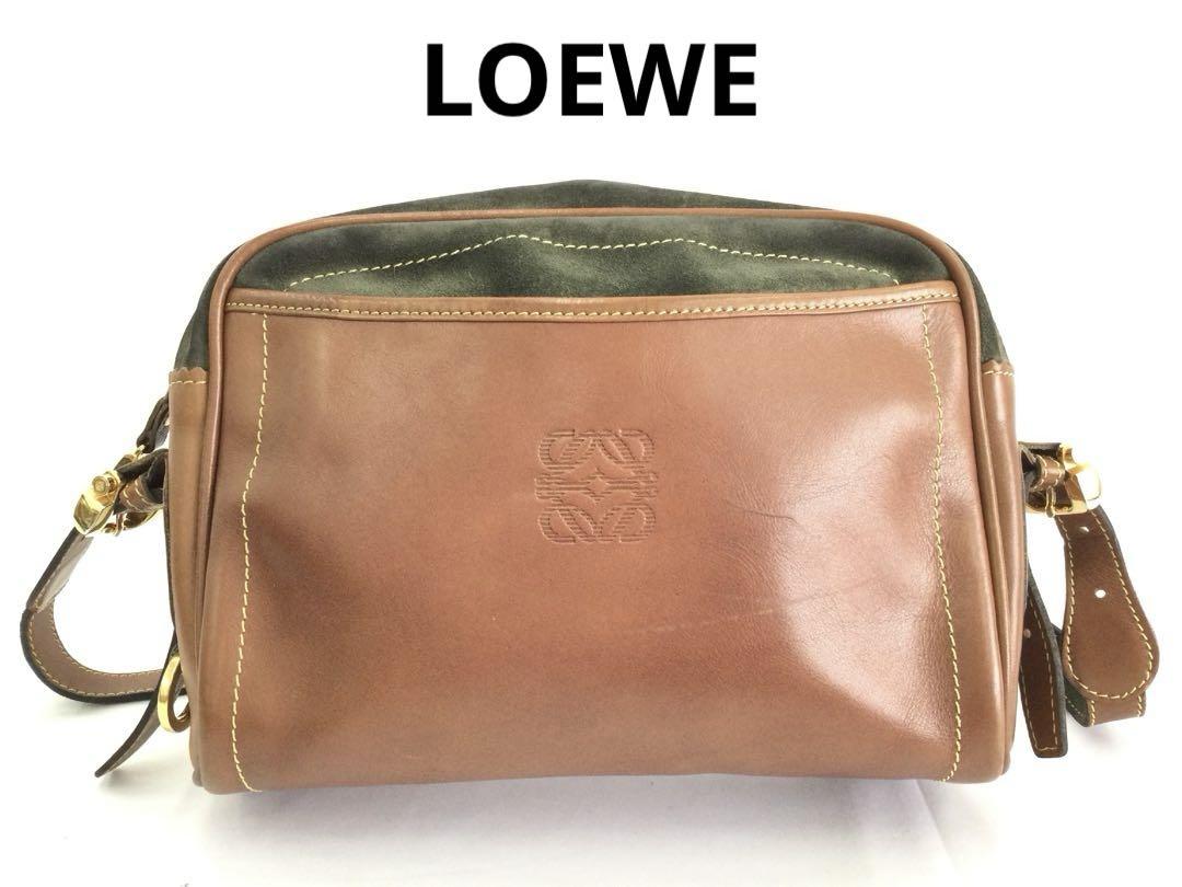【美品】LOEWE レザーショルダーバッグ ブラウンとグリーン ロゴ型押し