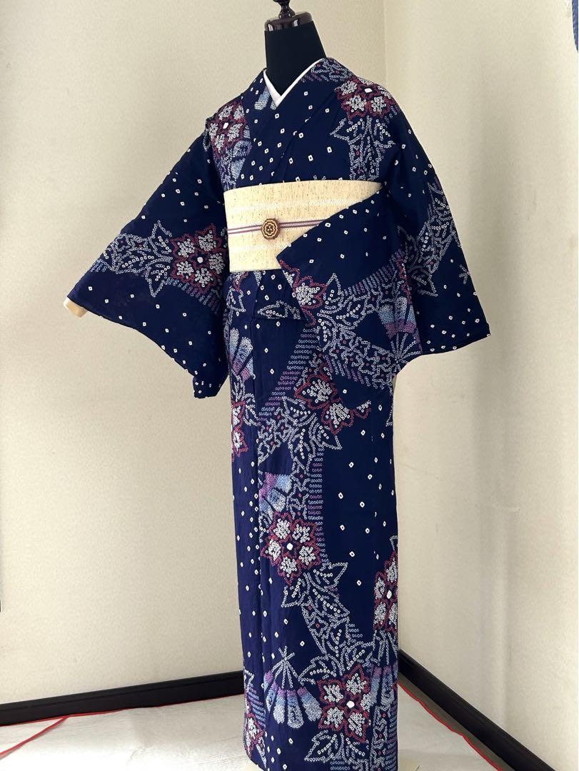有松鳴海絞り　浴衣　高級　伝統工芸　扇舞草花文