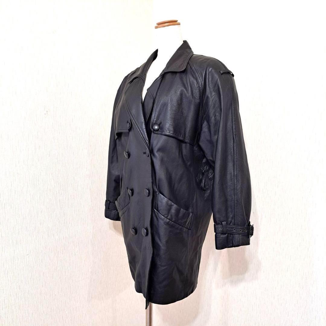 LEATHER FASHION　本革トレンチコート　レザーダブルコート　ブラック