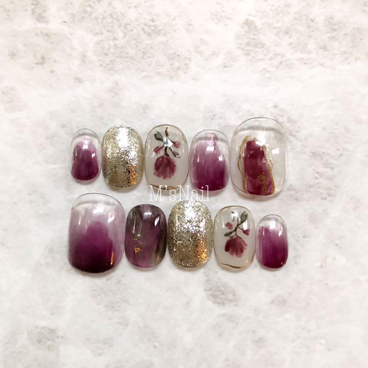 ネイルチップ 花 ニュアンス ちゅるん うるうる フルオーダー オーダーネイル ネイルチップ 花 ニュアンス ちゅるん うるうる フルオーダー