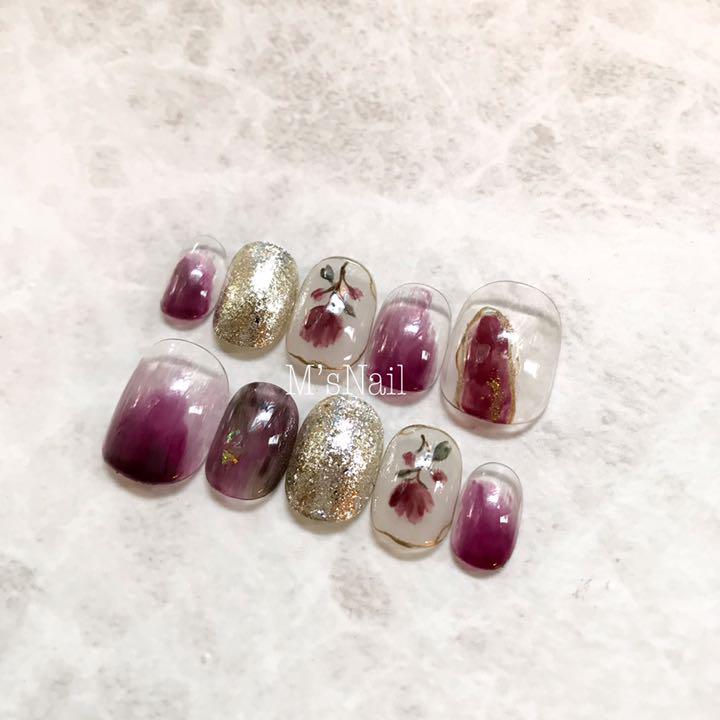 ネイルチップ 花 ニュアンス ちゅるん うるうる フルオーダー オーダーネイル