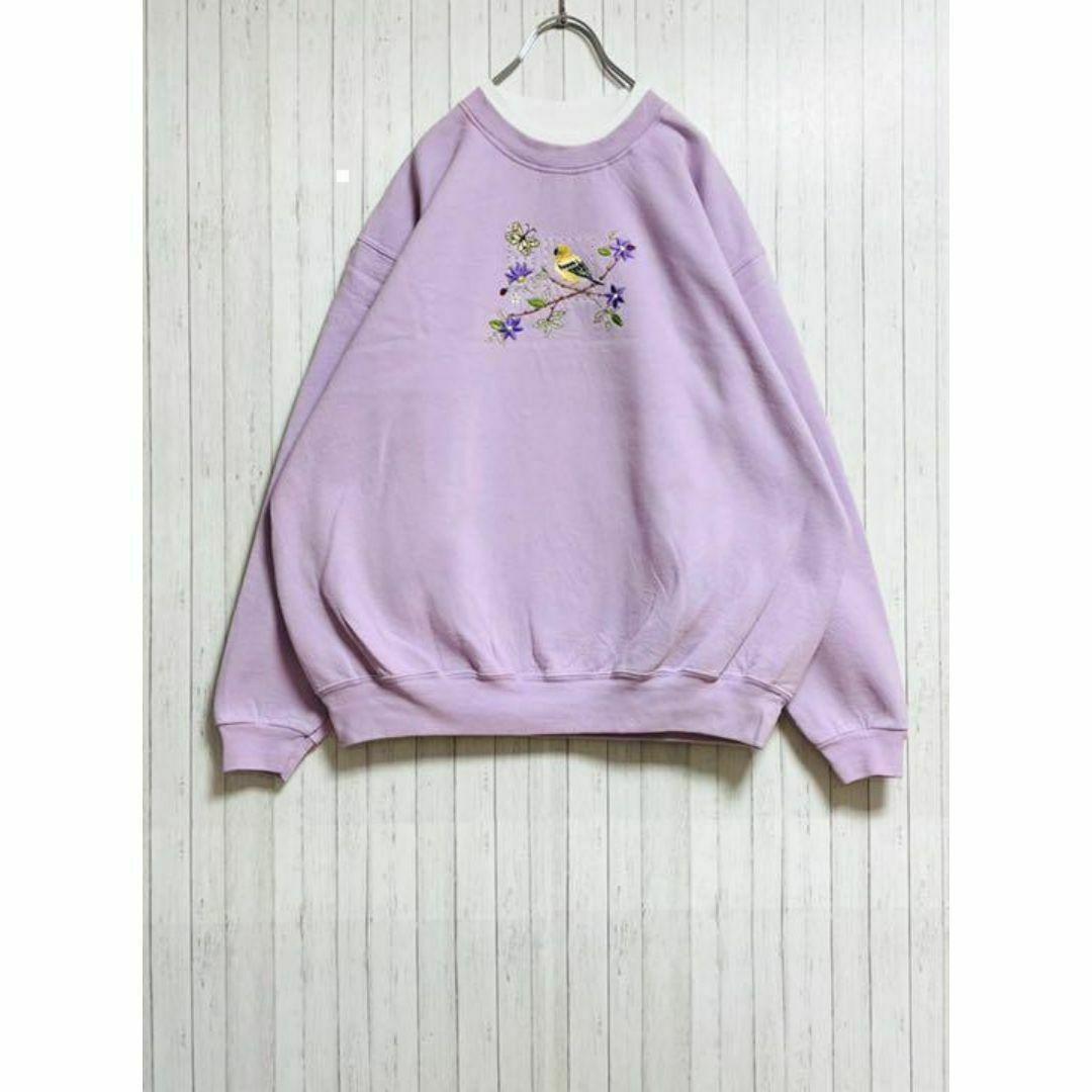 ヴィンテージ　スウェット　ビッグシルエット　刺繍　パープル　裏起毛　鳥　XL