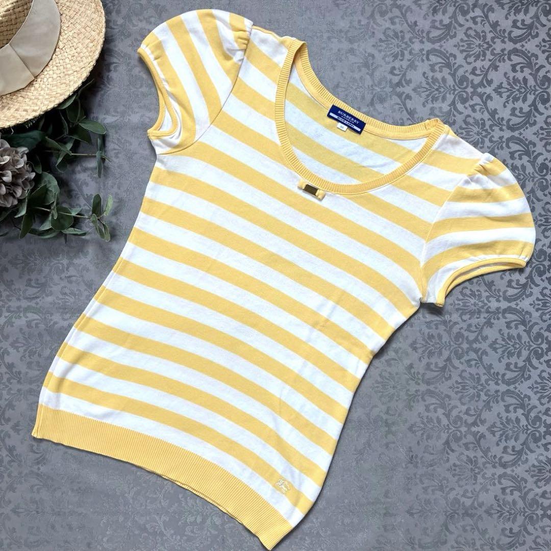BURBERRY】リボン.ホース刺繍.半袖ニット.38.イエロー.ホワイト.M