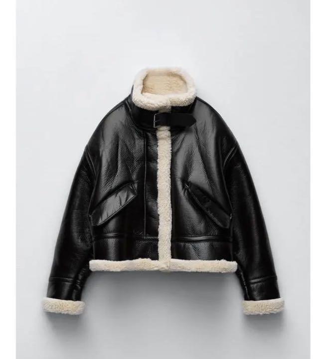 ZARA ボア付きレザージャケット ☆ドイツ発*ZARA*新作*ボアカラーフェイクレザージャケット/DB