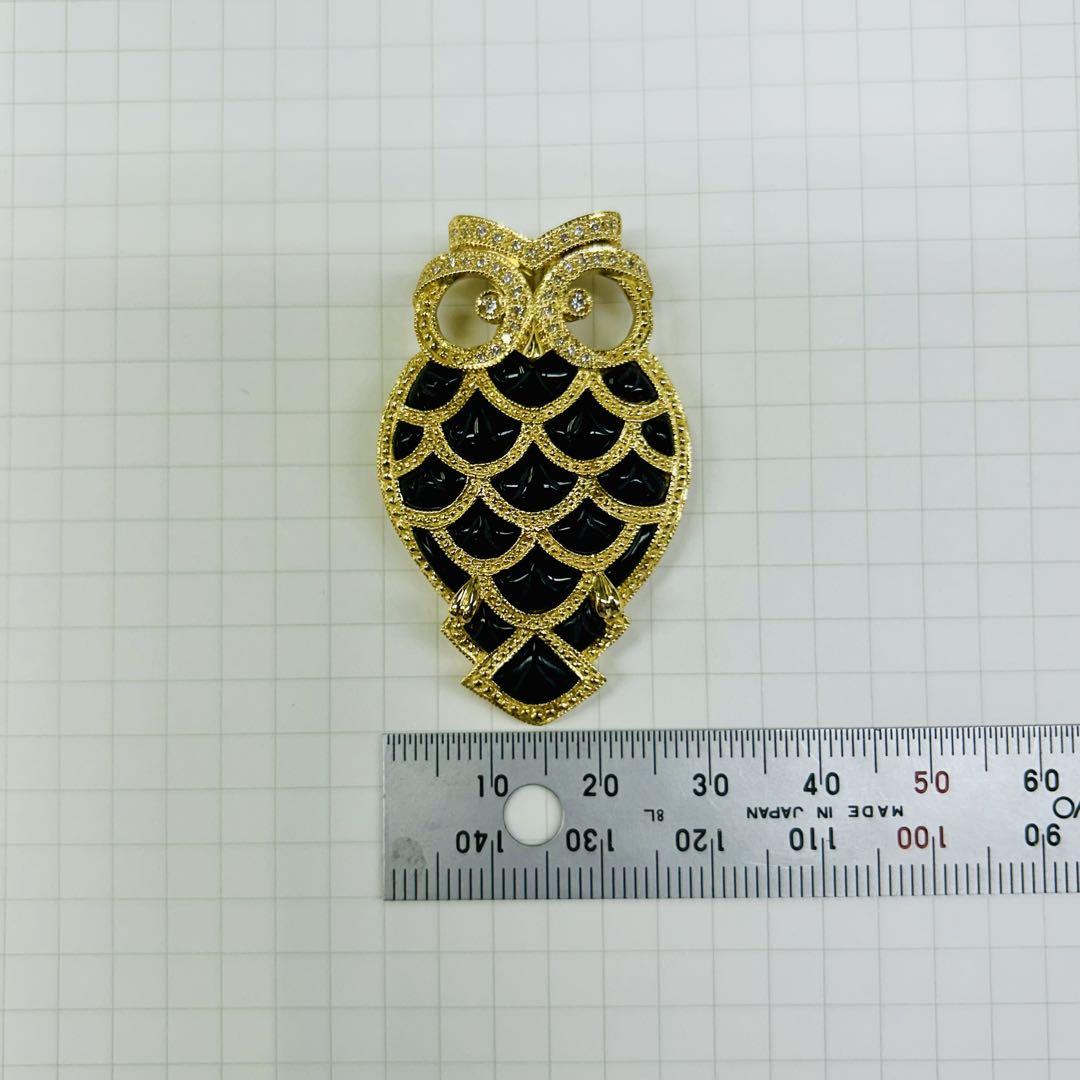 18金　フクロウ　オニキス　ダイヤ　ブローチ兼ペンダント