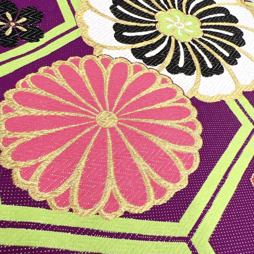紫に黄緑の亀甲柄に花模様の振袖帯 着物 水着 | endageism.com