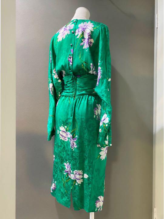 ビンテージ 80s 花柄 総柄 緑 シルク 長袖 ワンピース ドレス 希少 美品