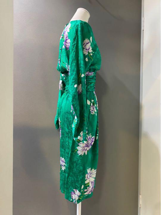 ビンテージ 80s 花柄 総柄 緑 シルク 長袖 ワンピース ドレス 希少 美品