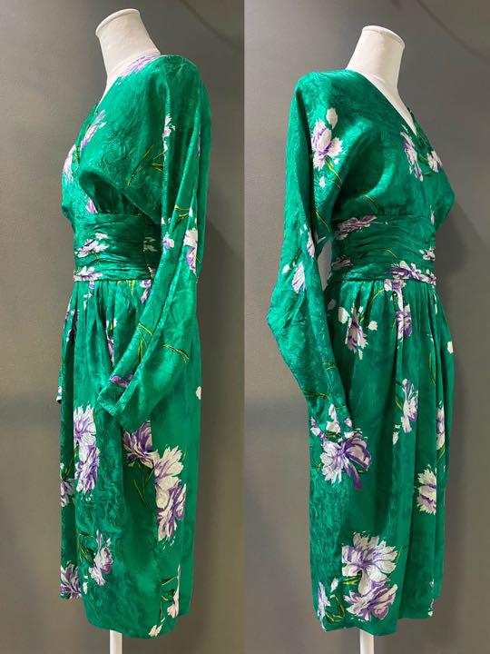 ビンテージ 80s 花柄 総柄 緑 シルク 長袖 ワンピース ドレス 希少 美品