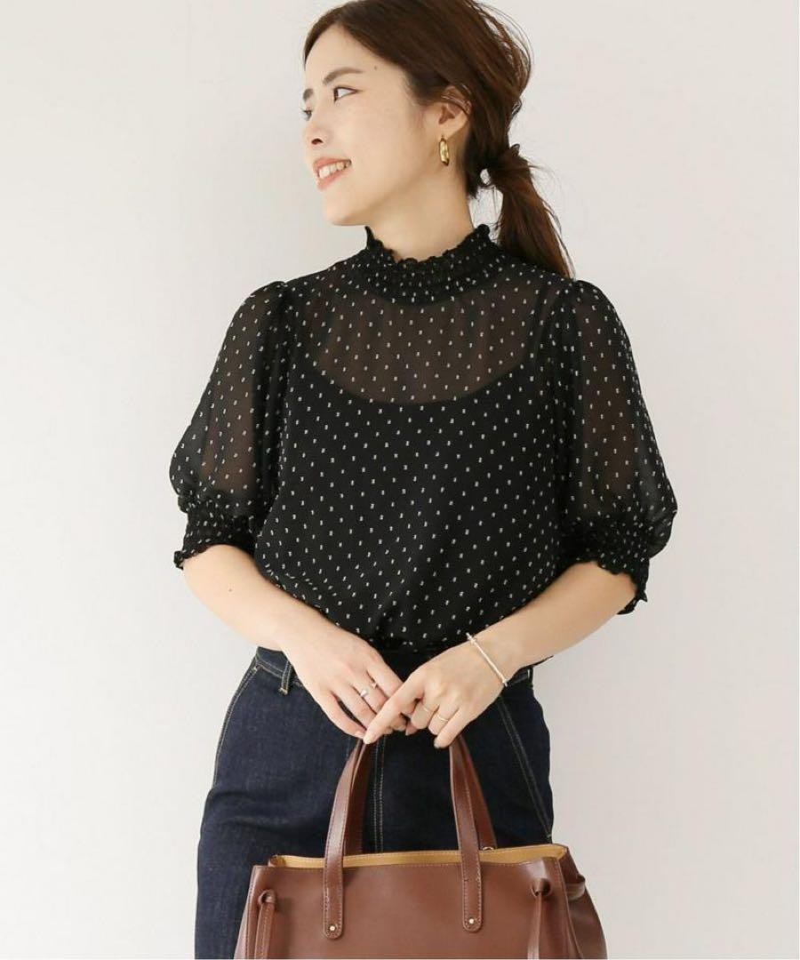 【spick&span】シャーリングドットジャガードブラウス 黒 SIZEF