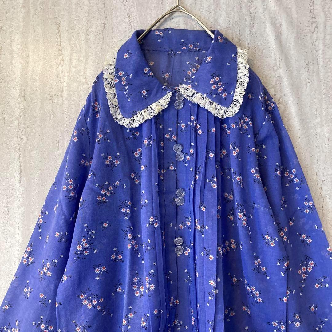 ヴィンテージ ブラウス お花柄 レース タック レトロ パープルブルー ヴィンテージ ブラウス お花柄 レース タック レトロ パープル