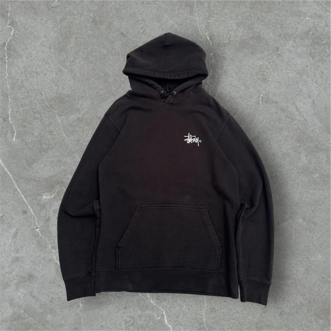 【フェード感最高】STUSSY パーカー　ロゴプリント　ブラック　M