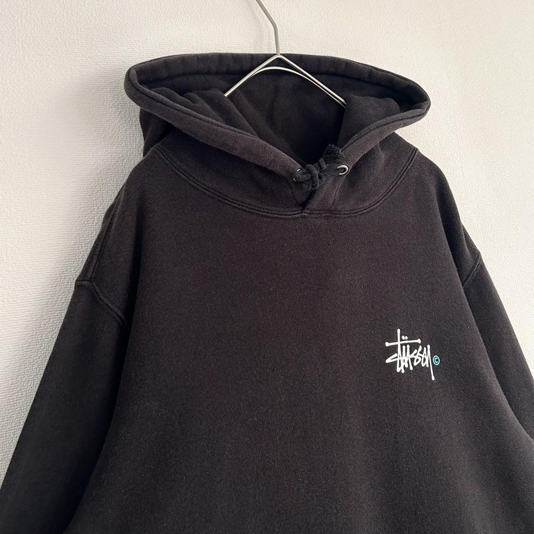 【フェード感最高】STUSSY パーカー　ロゴプリント　ブラック　M