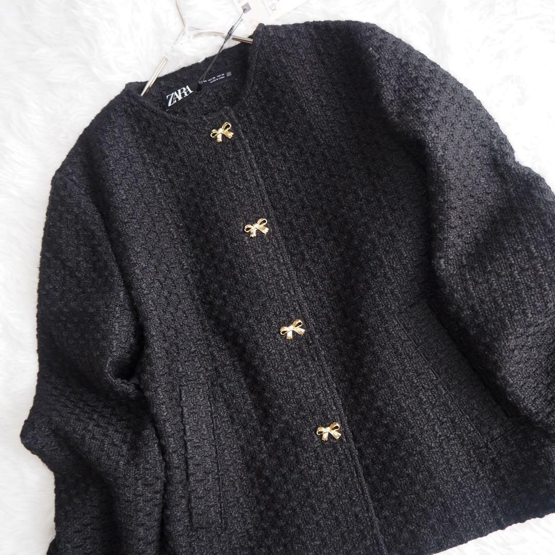 新品タグ付き✨完売品 zara ノーカラージャケット ツイード リボン 黒