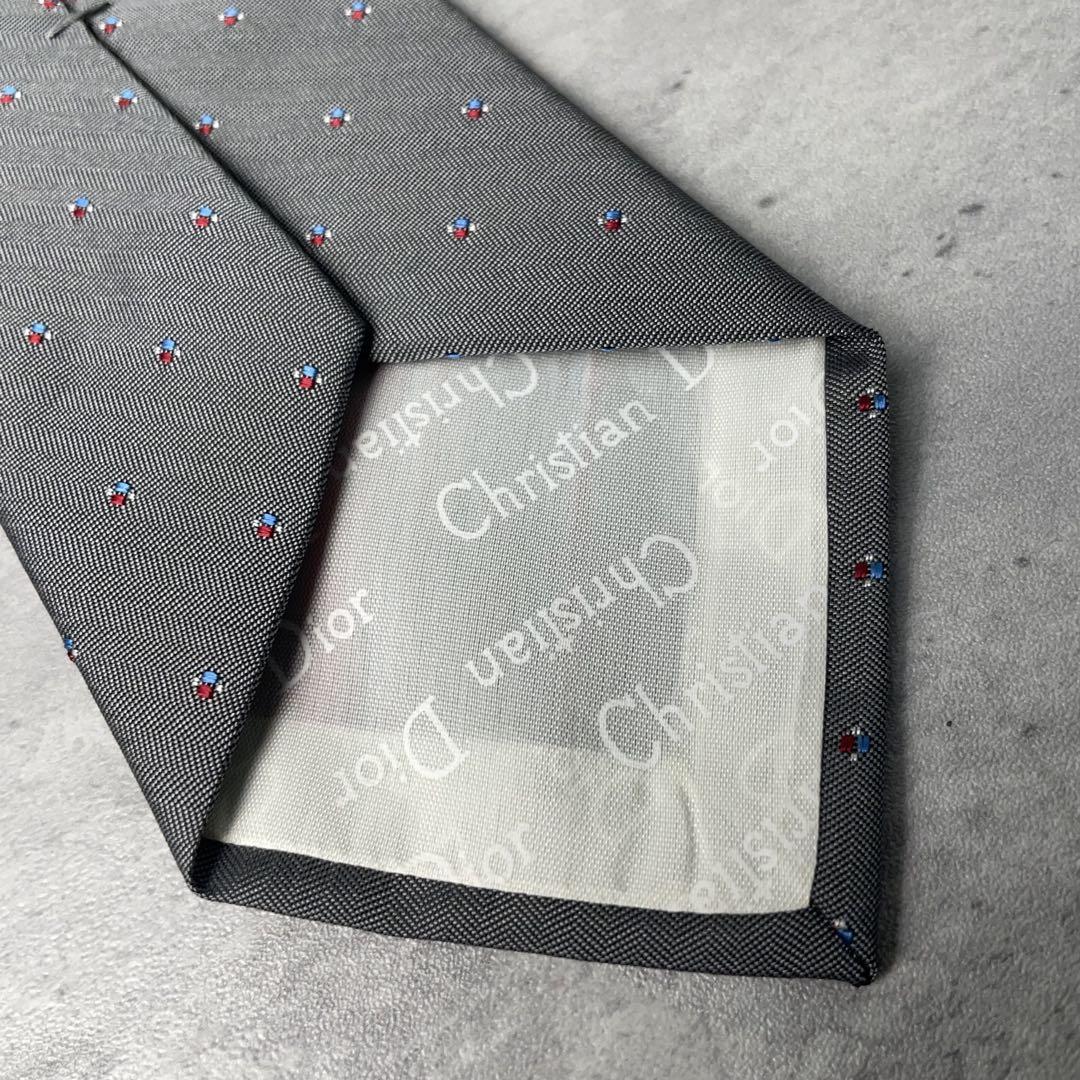 美品 Christian Dior ヘリンボーン ドット柄 ネクタイ グレー