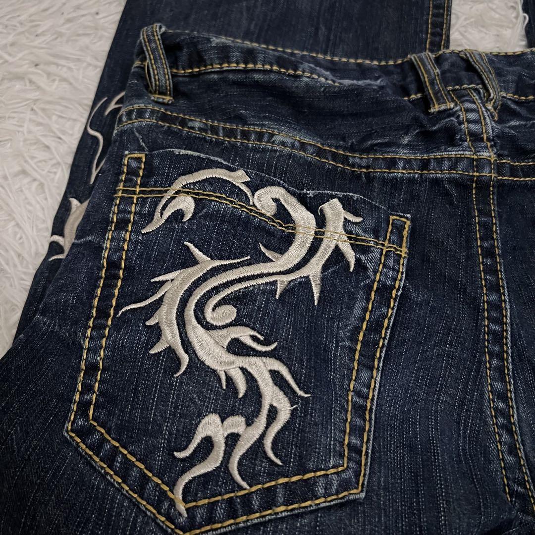 美品✨ワイドデニム 和柄刺繍 龍 竜 ドラゴン 太ステッチ 34 インディゴ